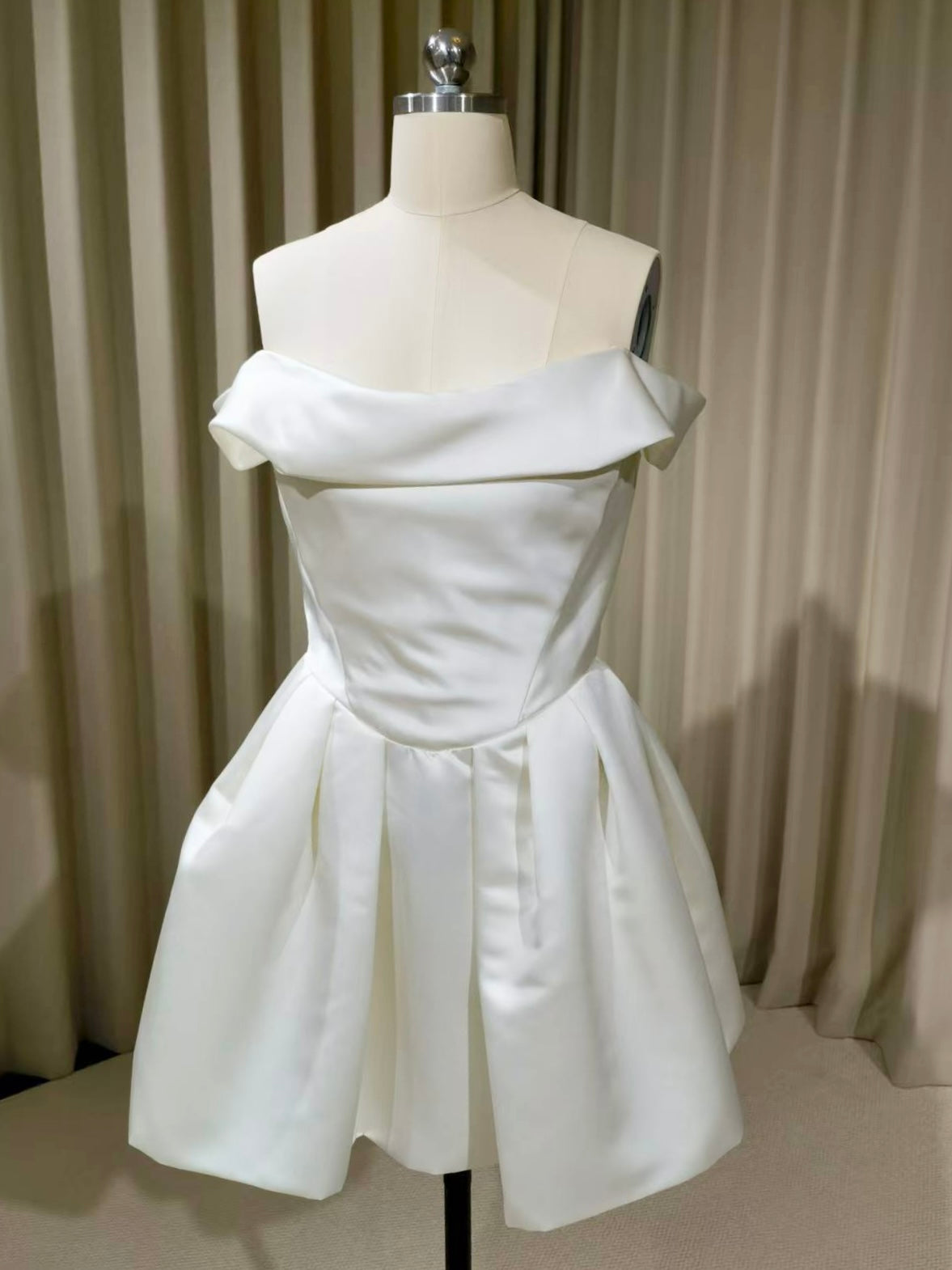 Zoe | Minimalist Off the Shoulder Basque Waist Satin Short Wedding Dress, Custom Simple Courthouse Civil Wedding Reception Elopement Dress