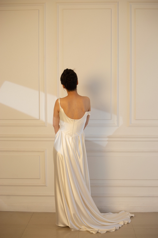 Amalie | Minimalist Satin Corset Wedding Bridal Dress, Custom Simple Modest Reception Elopement Dress for Bride, Unique Courthouse Civil Wedding Gown