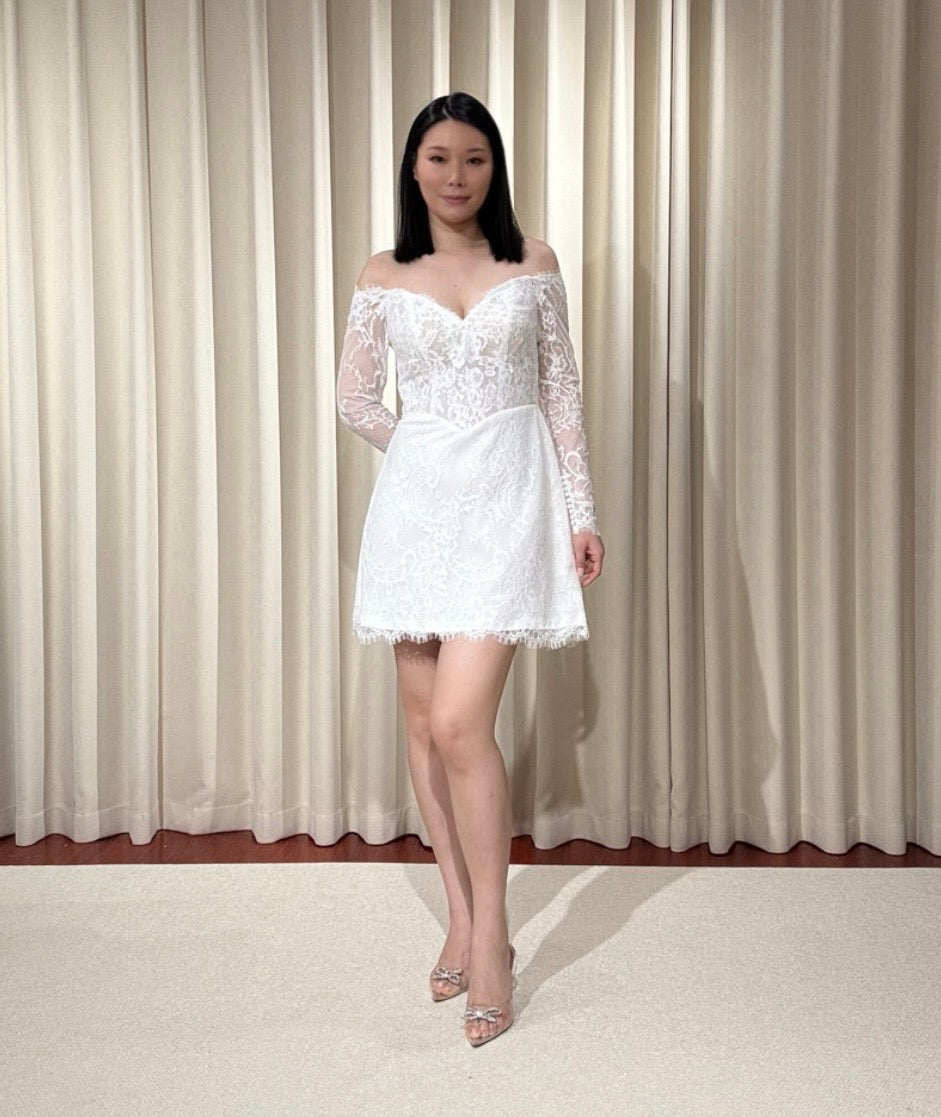 Esme | Long sleeve off shoulder basque waist lace short wedding dress, Shindig Threads Esme | Long sleeve off shoulder basque waist lace short wedding dress, Shindig Threads