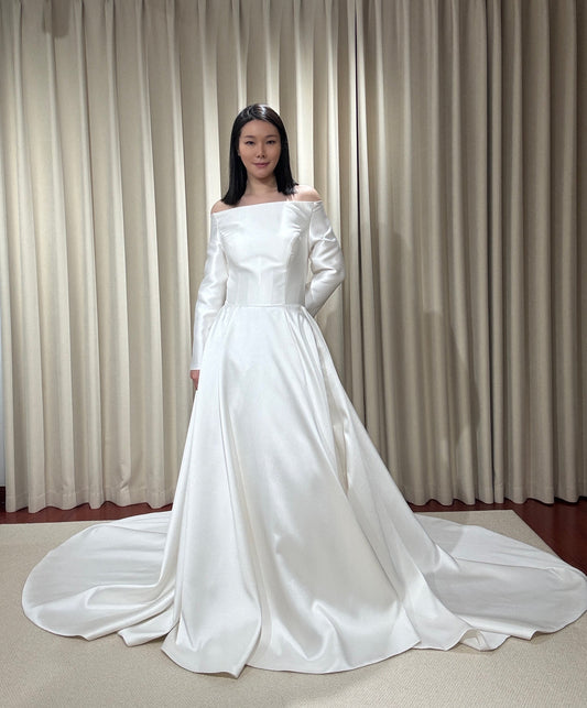 Jasmin | Off the Shoulder Long Sleeve Satin Ball Gown Wedding Dress