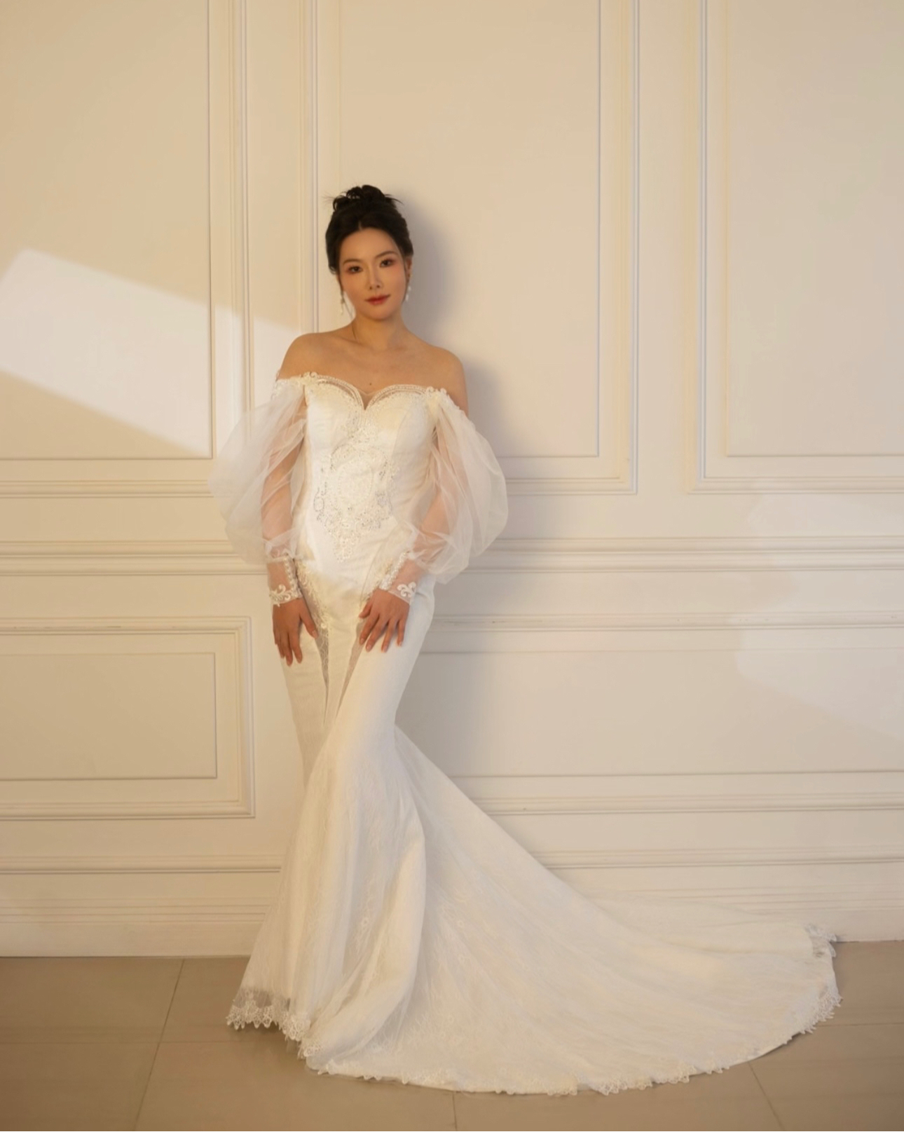 Nova | Long Sleeve Off the Shoulder Lace Mermaid Wedding Dress with detachable Train, Custom Unique Courthouse wedding elope dress, reception dress