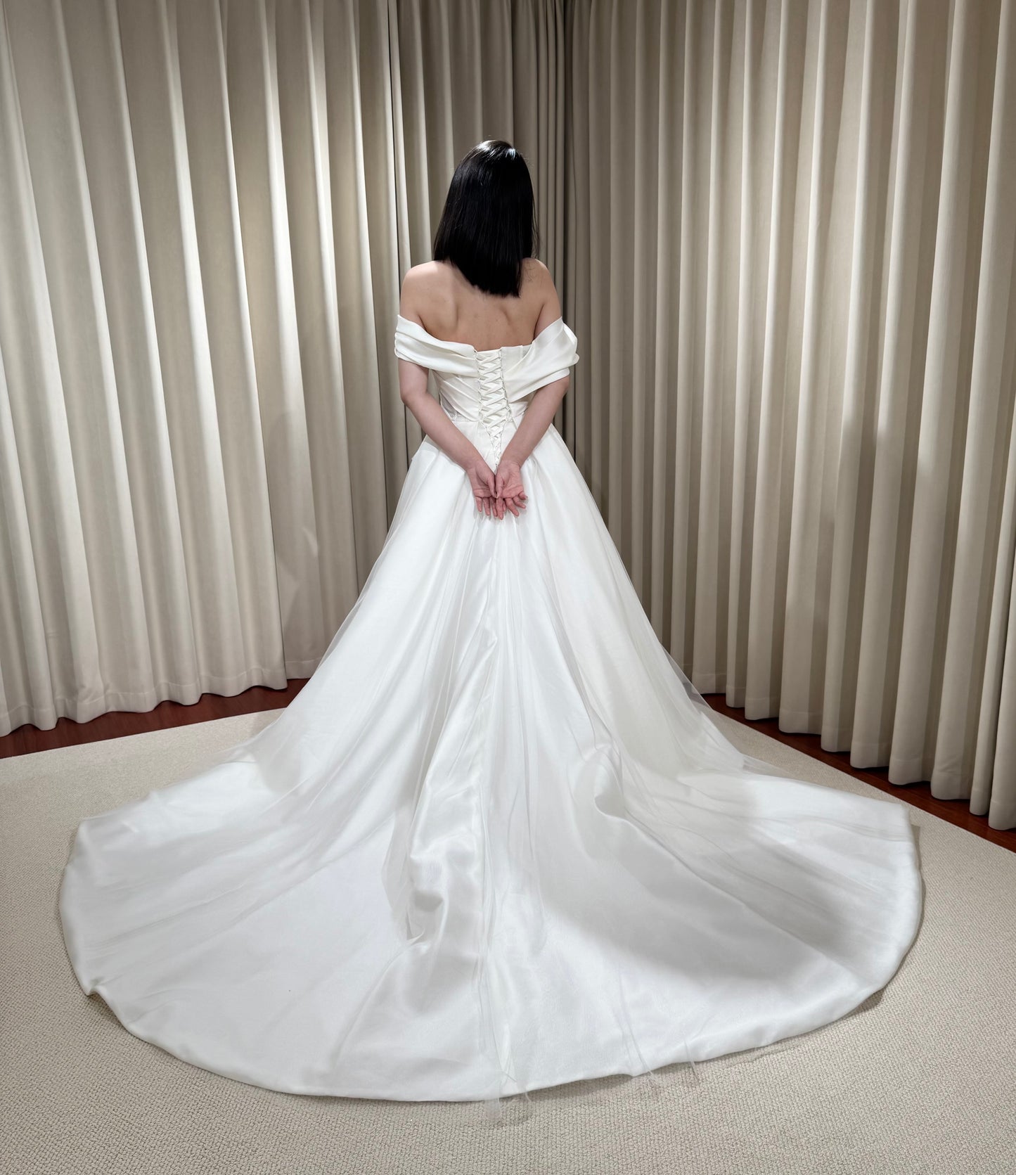 Anastasia | Off the Shoulder Satin Corset Drop Waist Wedding Dress