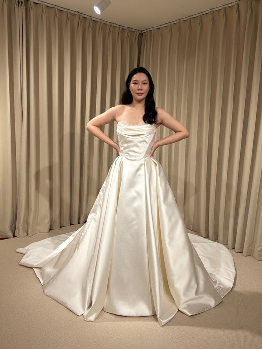 Joanna | Satin Corset Basque Waist Ball Gown Wedding Dress with Detachable Lace Long Sleeves