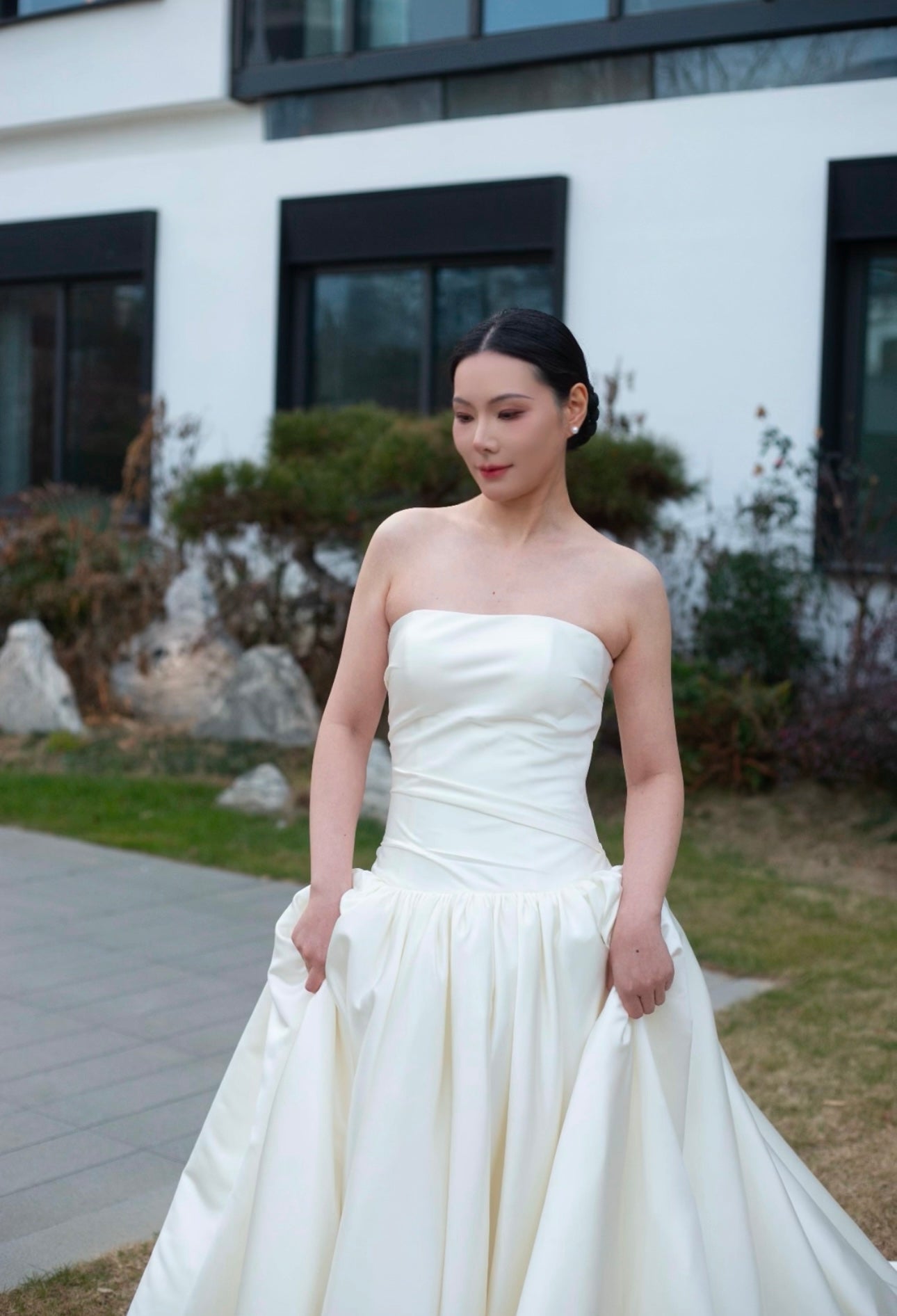 Minimalist drop waist satin wedding dress, custom simple & classic Ivory bridal ball gown