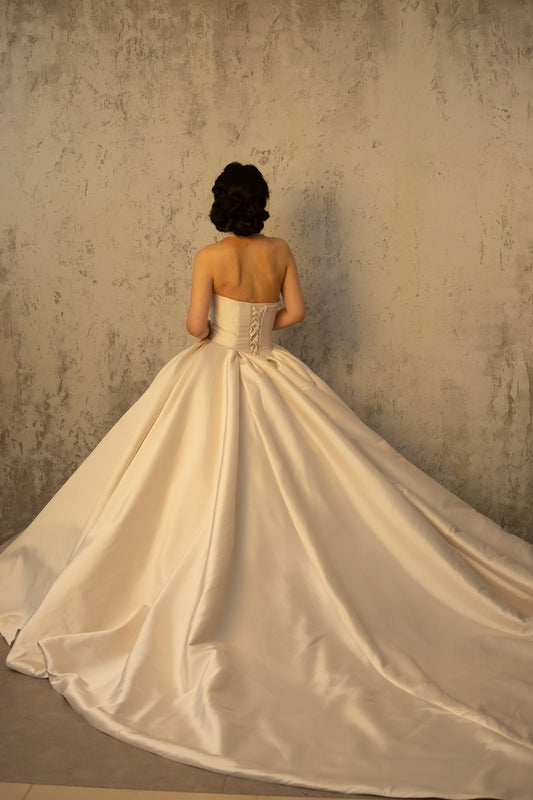 Victoria | Detachable Lace Long Sleeve Satin Corset Ball Gown Wedding Dress