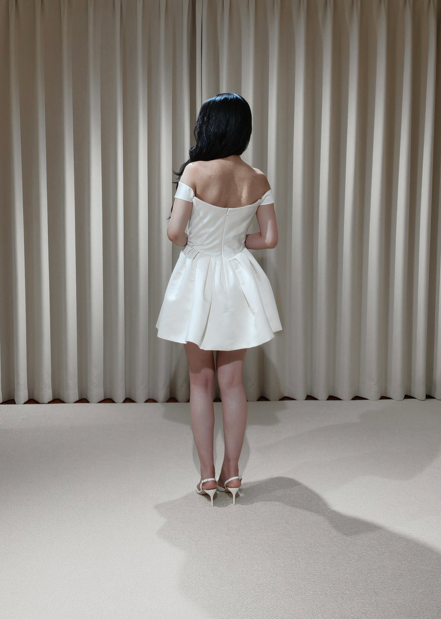 Zoe | Minimalist Off the Shoulder Basque Waist Satin Short Wedding Dress, Custom Simple Courthouse Civil Wedding Reception Elopement Dress