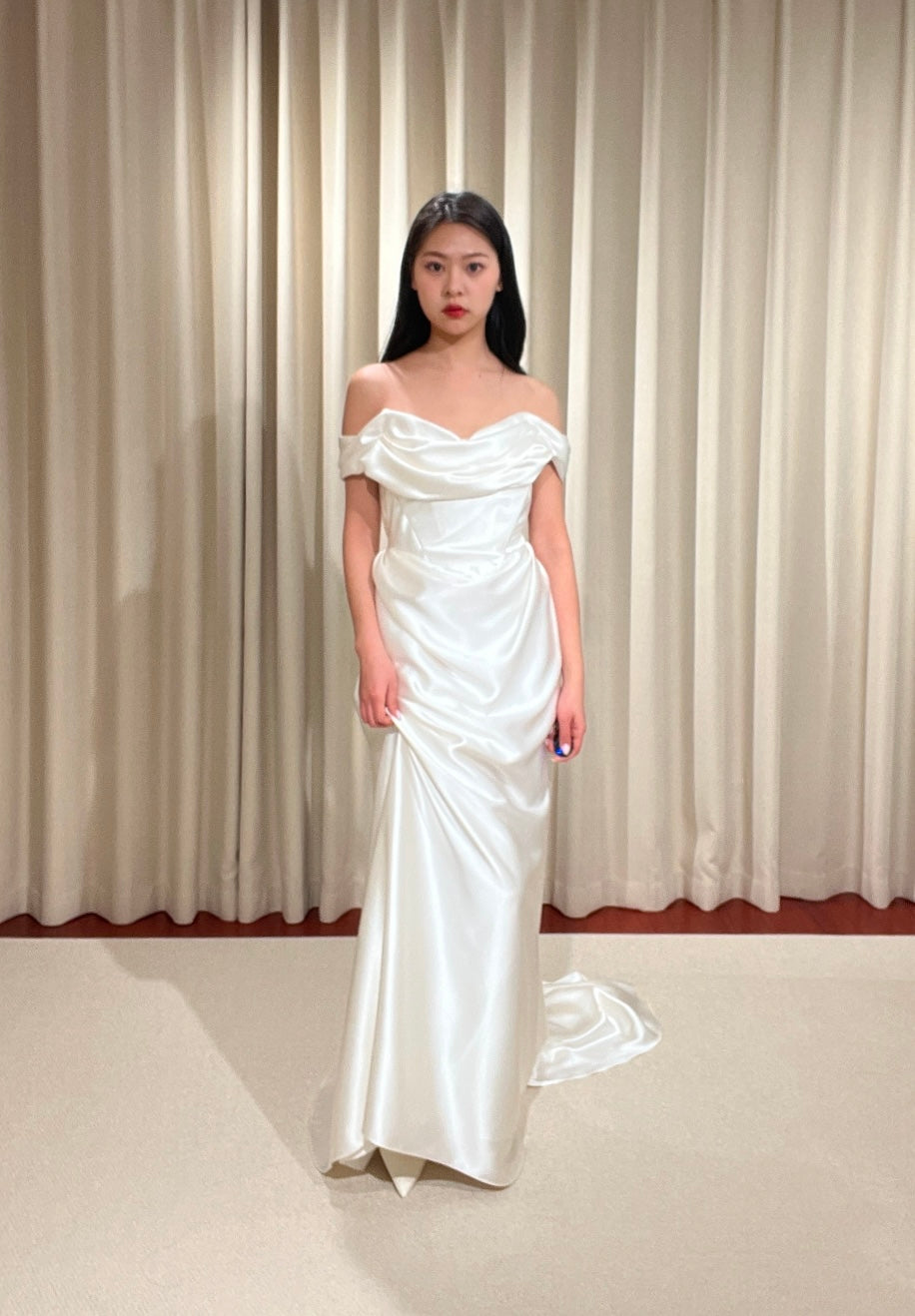 Minimalist Off Shoulder Satin Corset Wedding Bridal Dress, Custom Simple Modest Courthouse Civil Wedding Reception Elopement Gown