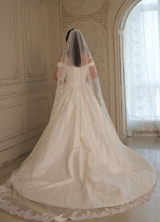 Aurelia | Off Shoulder Basque Waist Unique Satin Ball Gown Wedding Dress