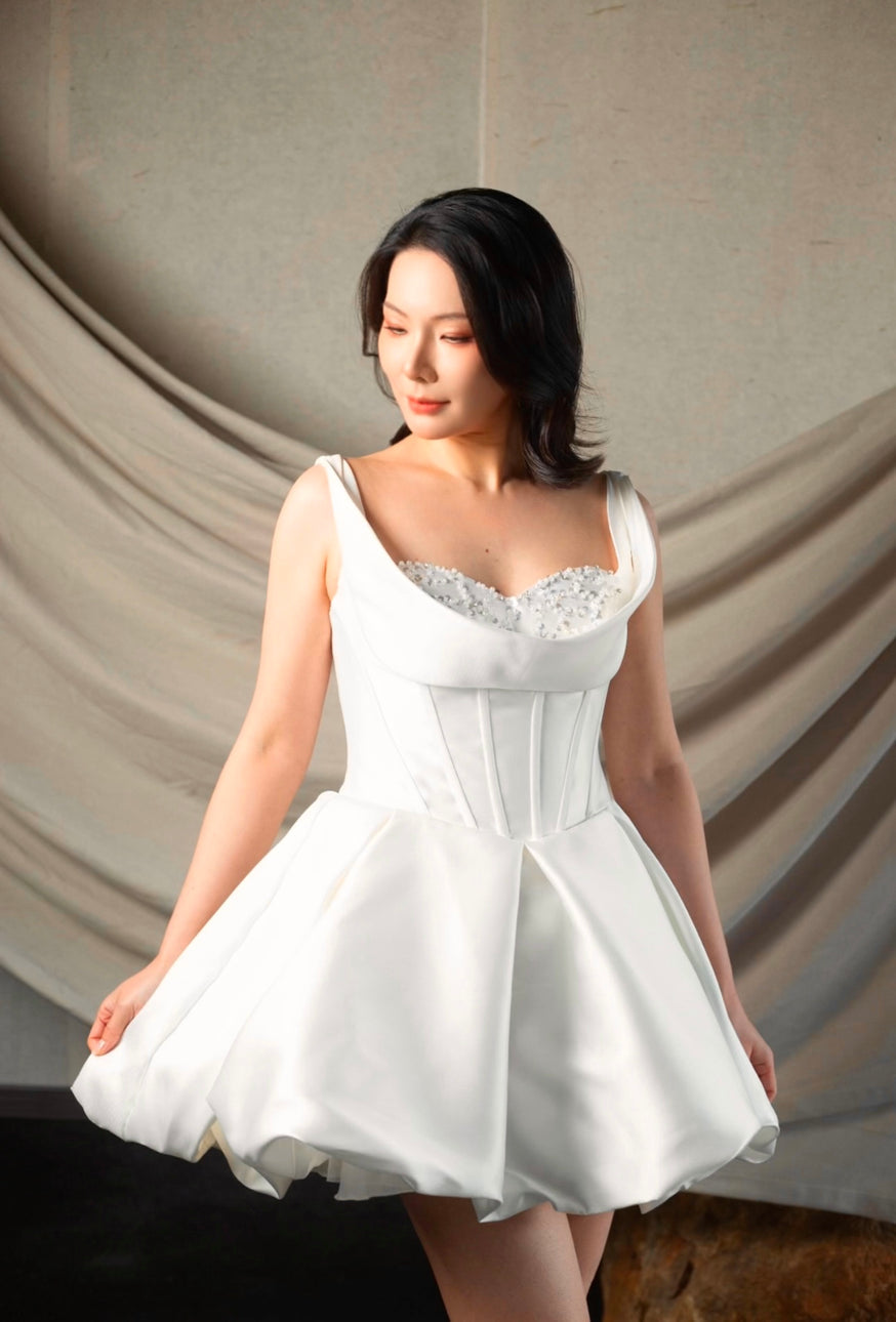 Nicola | Minimalist Mikado satin short wedding prom dress, Rehearsal d Shindig Threads Nicola | Minimalist Mikado satin short wedding prom dress, Rehearsal d Shindig Threads