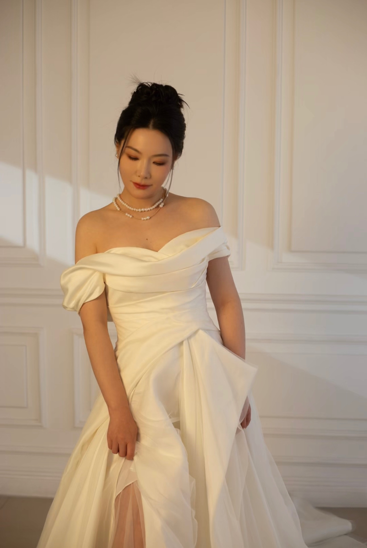 Anastasia | Off-the-shoulder satin corset drop waist wedding dress, unique minimalist A-line bridal dress, custom simple & classic Ivory ball gown
