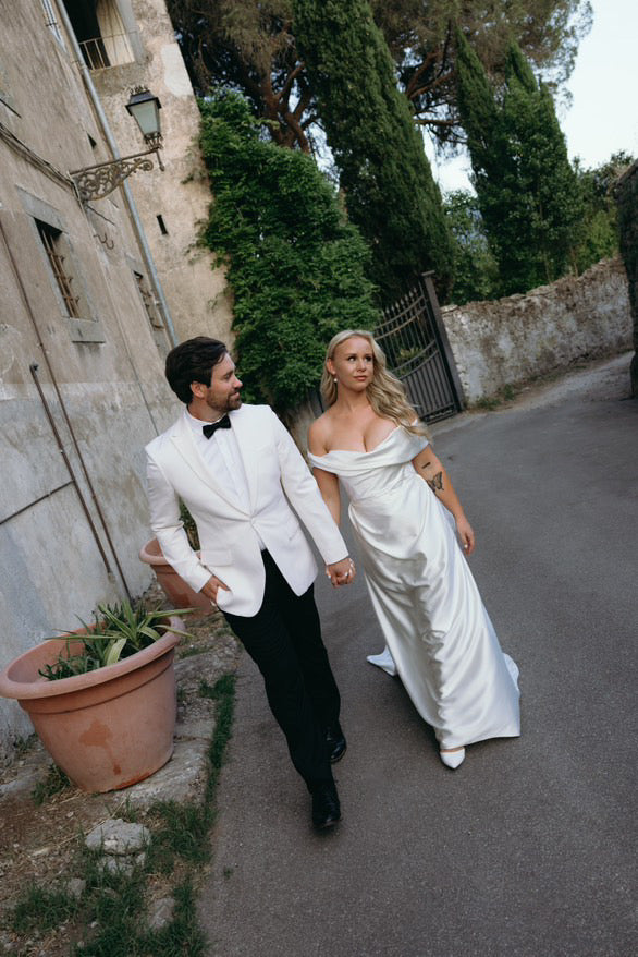 Lamia | Minimalist Off Shoulder Satin Corset Wedding Bridal Dress, Custom Simple Modest Courthouse Civil Wedding Reception Elopement Gown