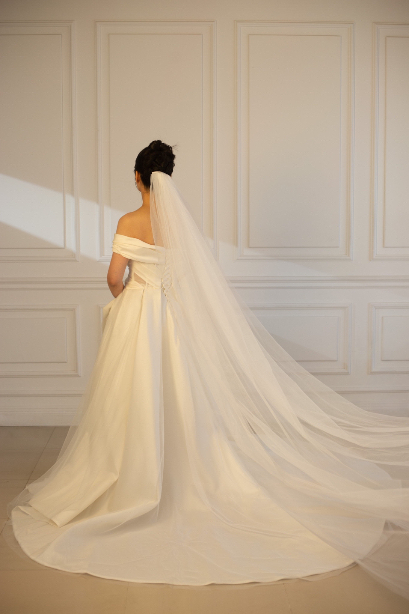Anastasia | Off-the-shoulder satin corset drop waist wedding dress, unique minimalist A-line bridal dress, custom simple & classic Ivory ball gown