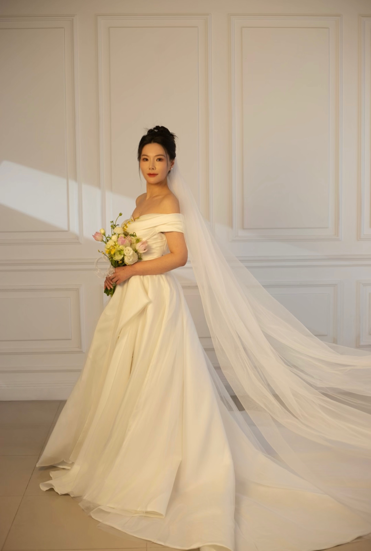 Anastasia | Off-the-shoulder satin corset drop waist wedding dress, unique minimalist A-line bridal dress, custom simple & classic Ivory ball gown