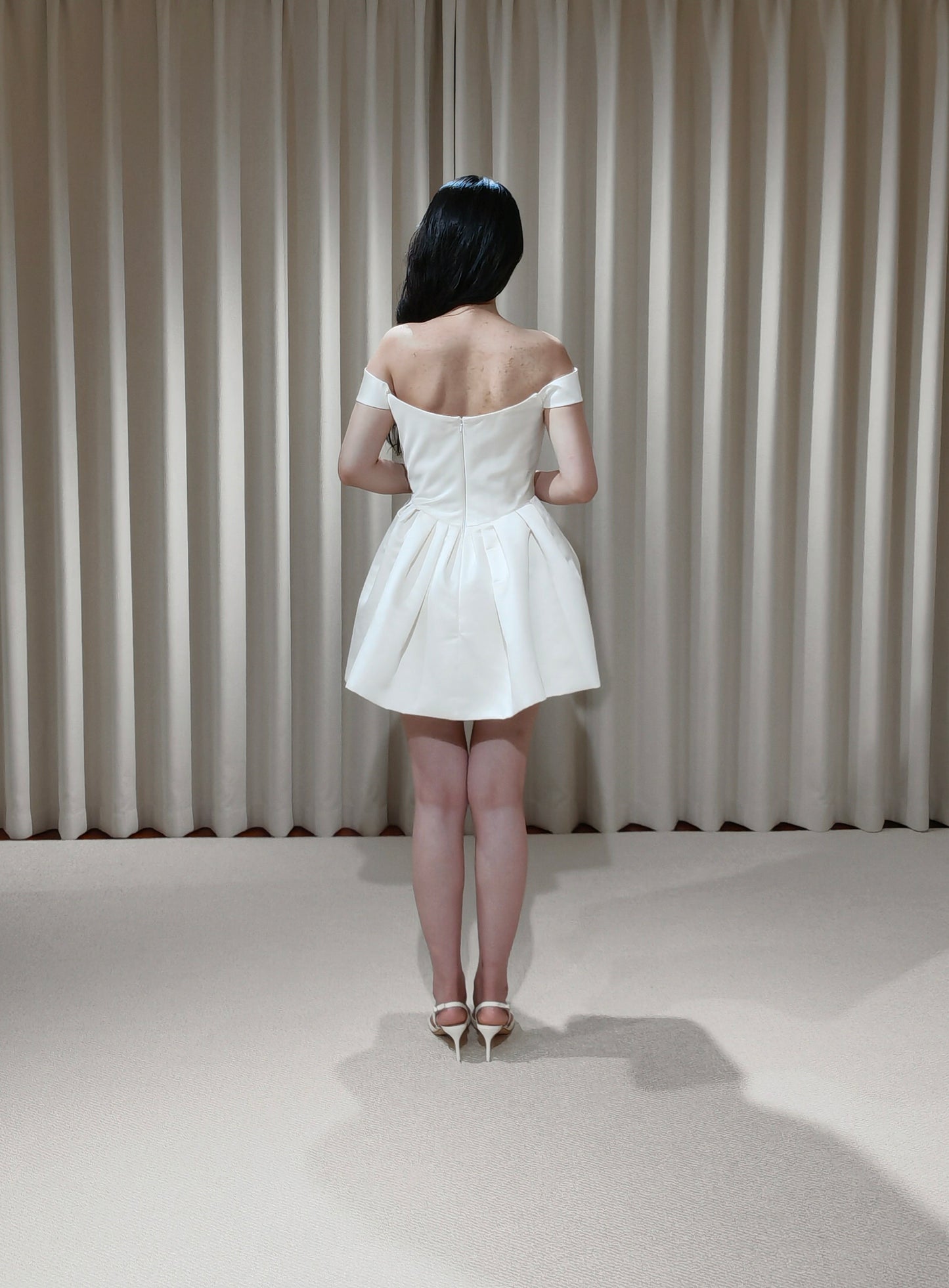 Zoe | Minimalist Off the Shoulder Basque Waist Satin Short Wedding Dress, Custom Simple Courthouse Civil Wedding Reception Elopement Dress