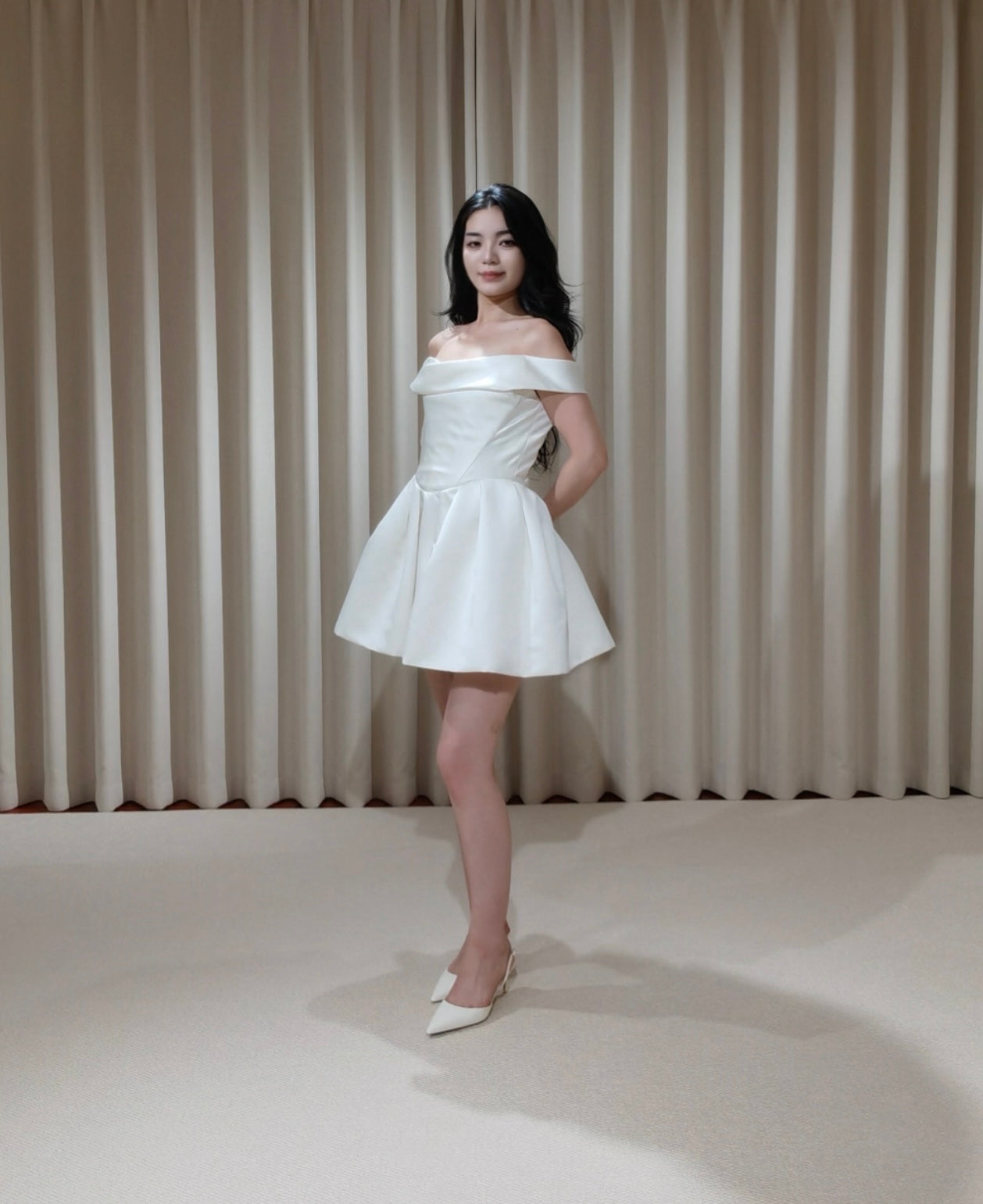 Zoe | Minimalist Off the Shoulder Basque Waist Satin Short Wedding Dress, Custom Simple Courthouse Civil Wedding Reception Elopement Dress
