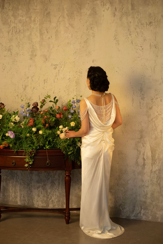 Frances | Minimalist Satin Corset Wedding Prom Dress w Pearl, Custom Simple Modest Reception Elopement Dress for Bride, Unique Courthouse Wedding Gown