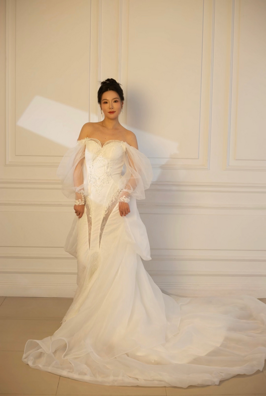 Nova | Long Sleeve Off the Shoulder Lace Mermaid Wedding Dress with detachable Train, Custom Unique Courthouse wedding elope dress, reception dress