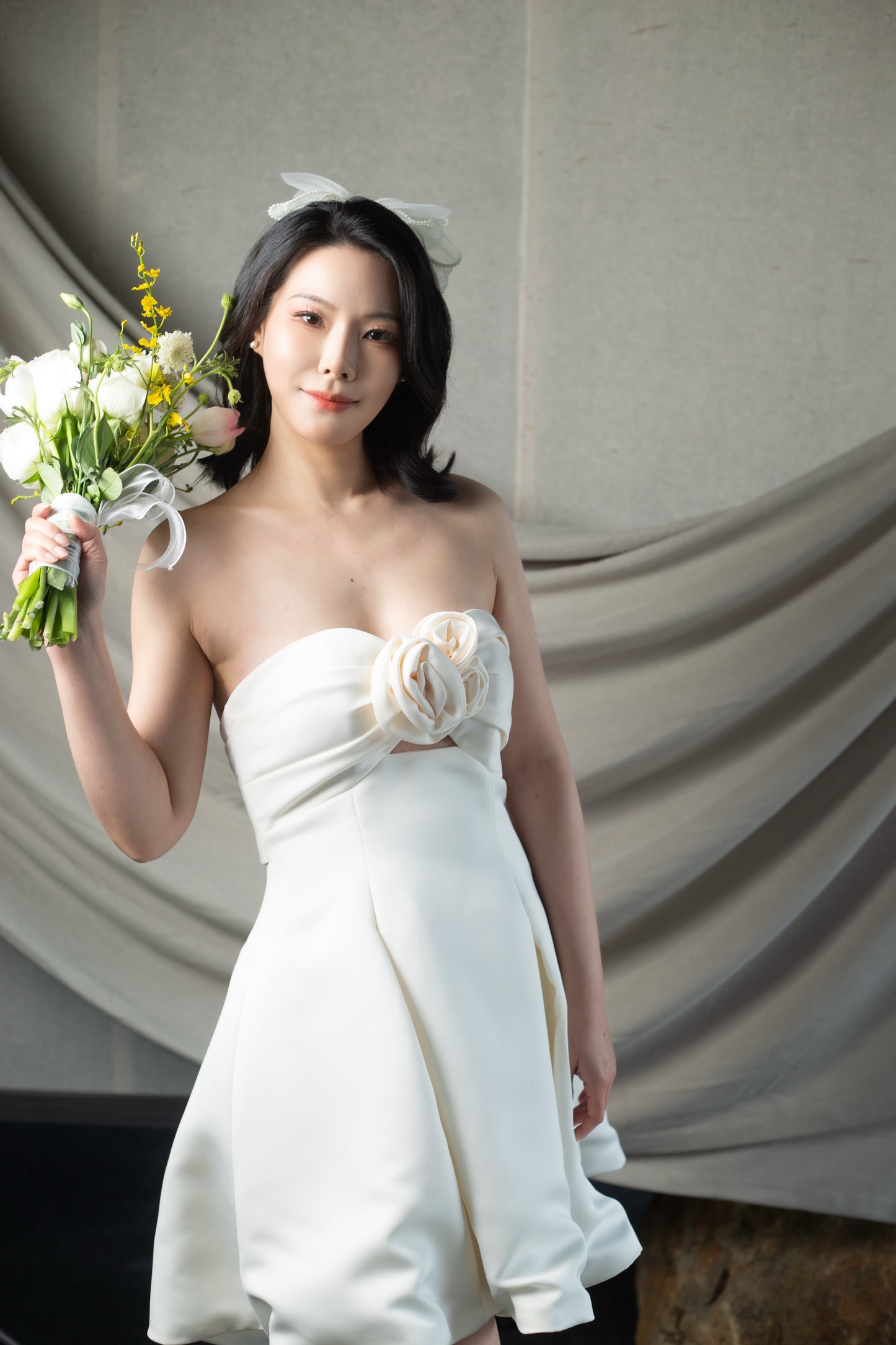 Evelyn | Strapless Satin Short Wedding Dress with 3D Handmade Flower