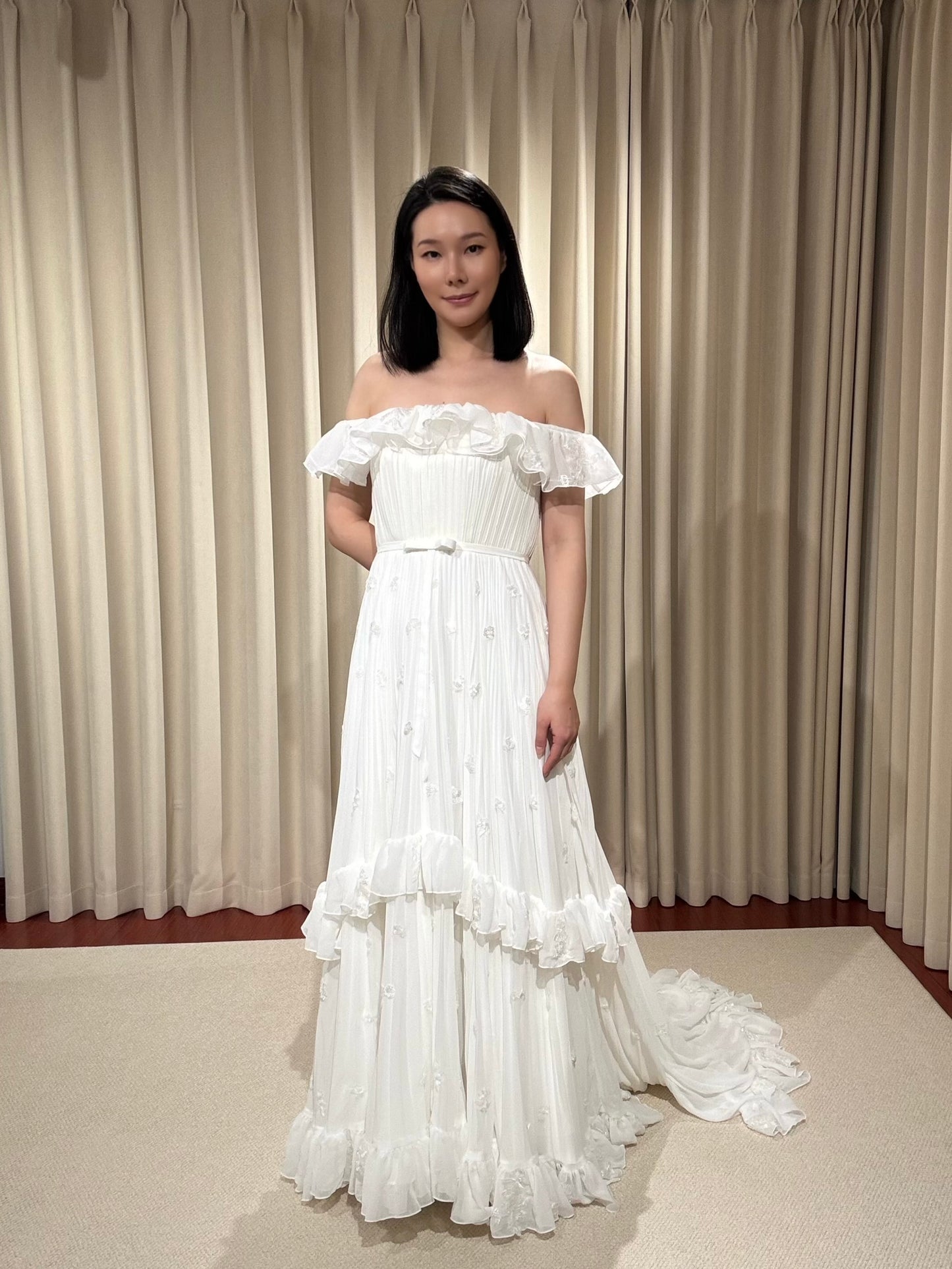 Taylor | Off Shoulder Pleated Wedding Dress with Ruffles