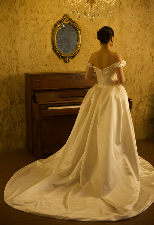 Bianca | Off the Shoulder Basque Waist Unique Satin Ball Gown Wedding Dress