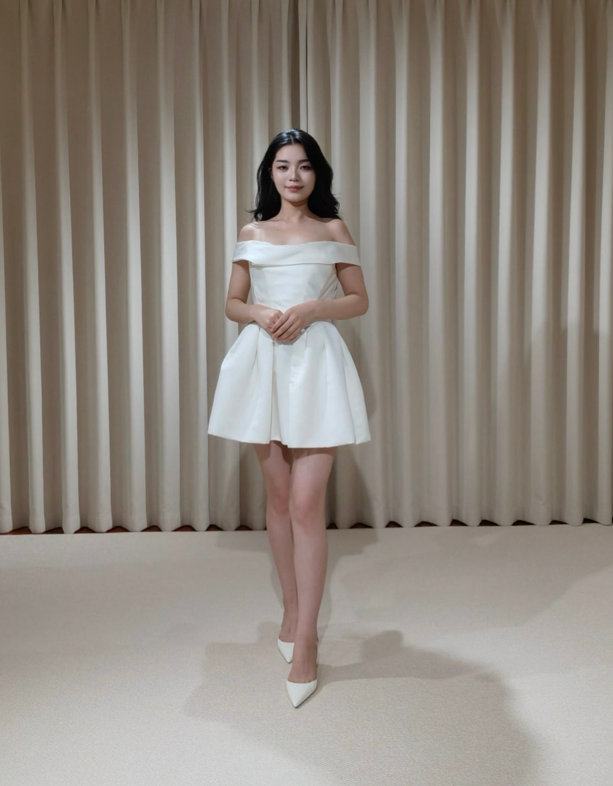 Zoe | Minimalist Off the Shoulder Basque Waist Satin Short Wedding Dress, Custom Simple Courthouse Civil Wedding Reception Elopement Dress