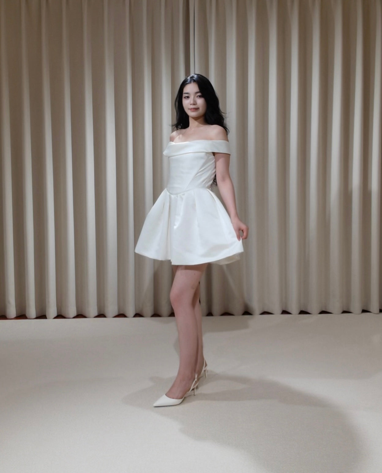 Zoe | Minimalist Off the Shoulder Basque Waist Satin Short Wedding Dress, Custom Simple Courthouse Civil Wedding Reception Elopement Dress