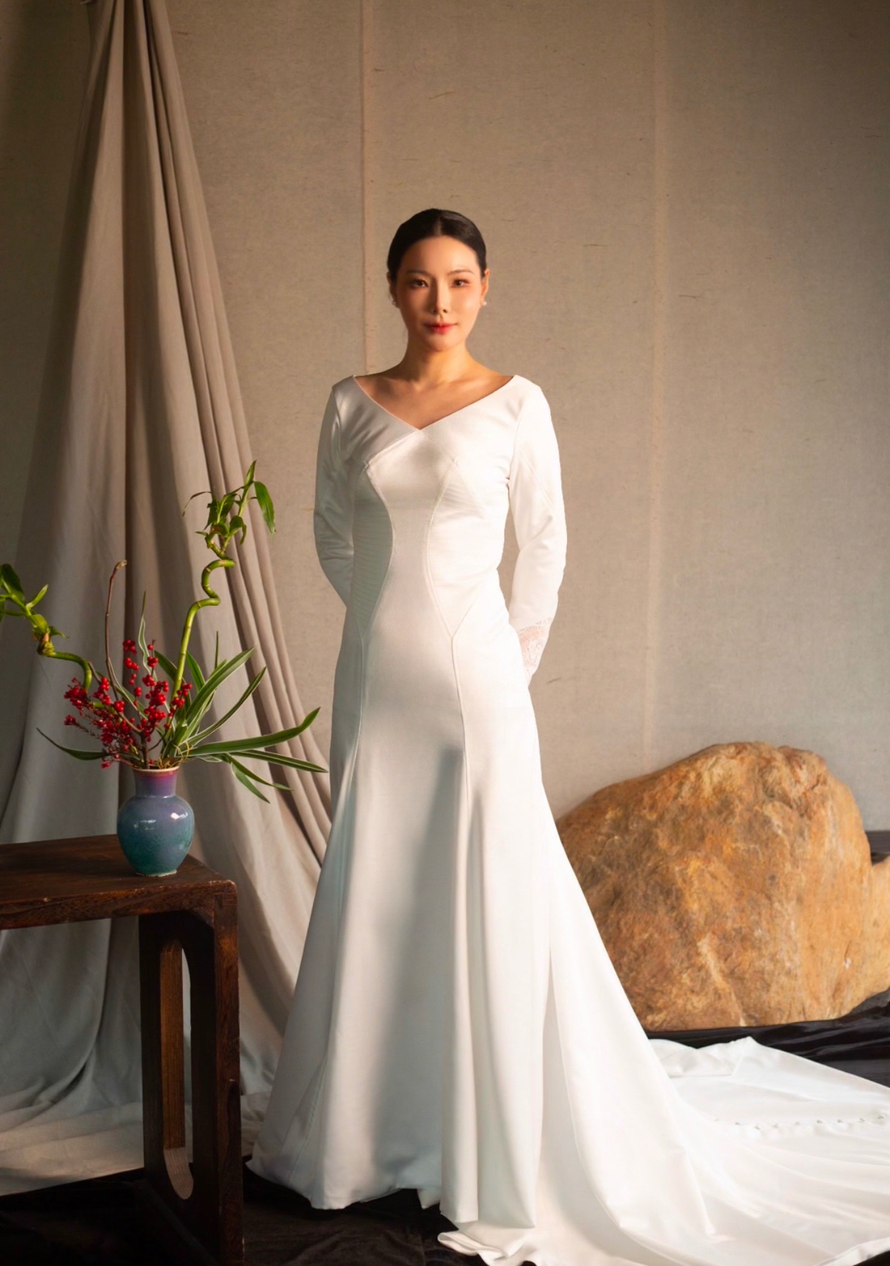 Bella | Custom Twilight Bella’s Ivory Satin Lace Back Wedding Bridal Dress, Minimalist Long Sleeve A-Line Elegant Party Gown