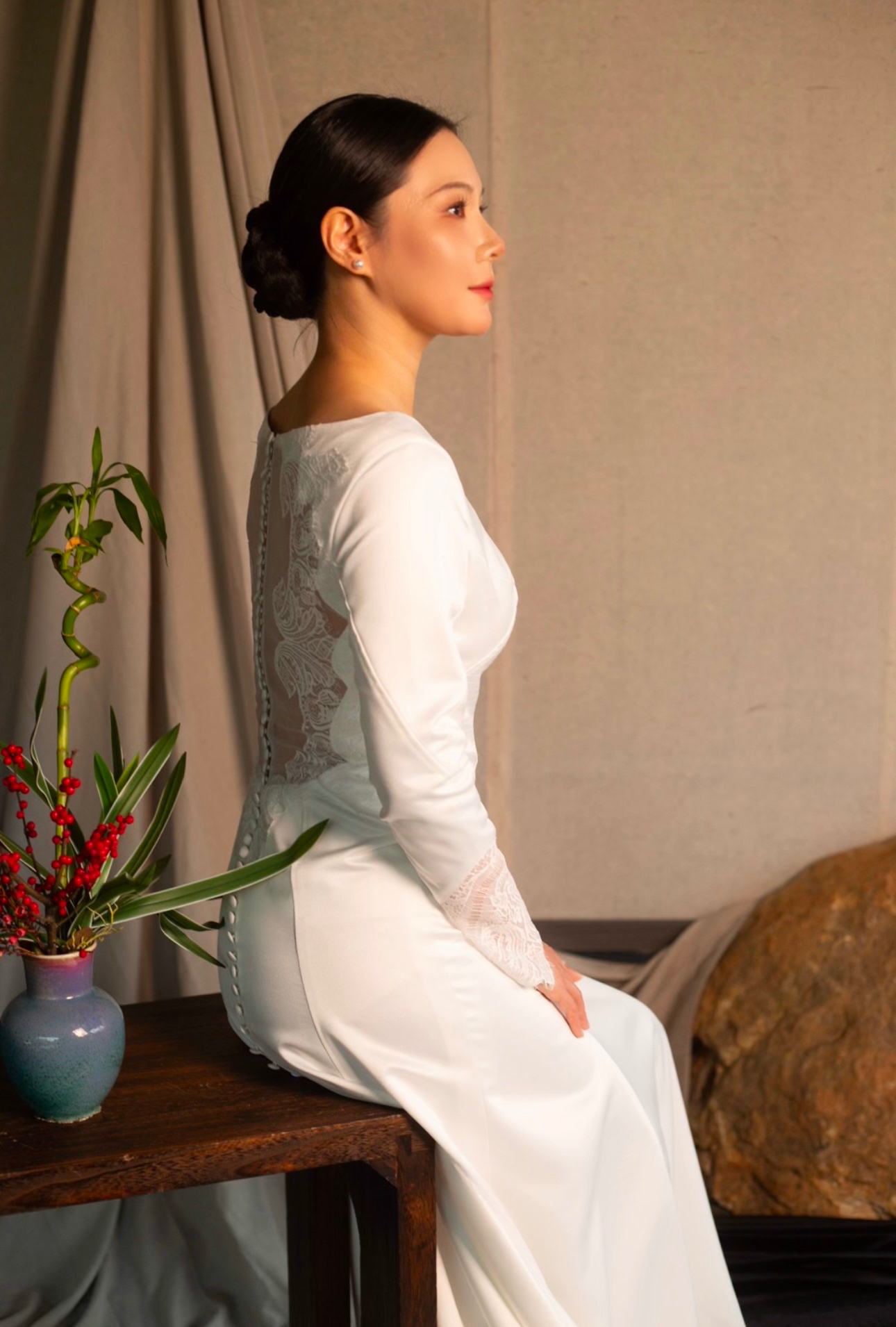 Bella | Custom Twilight Bella’s Ivory Satin Lace Back Wedding Bridal Dress, Minimalist Long Sleeve A-Line Elegant Party Gown