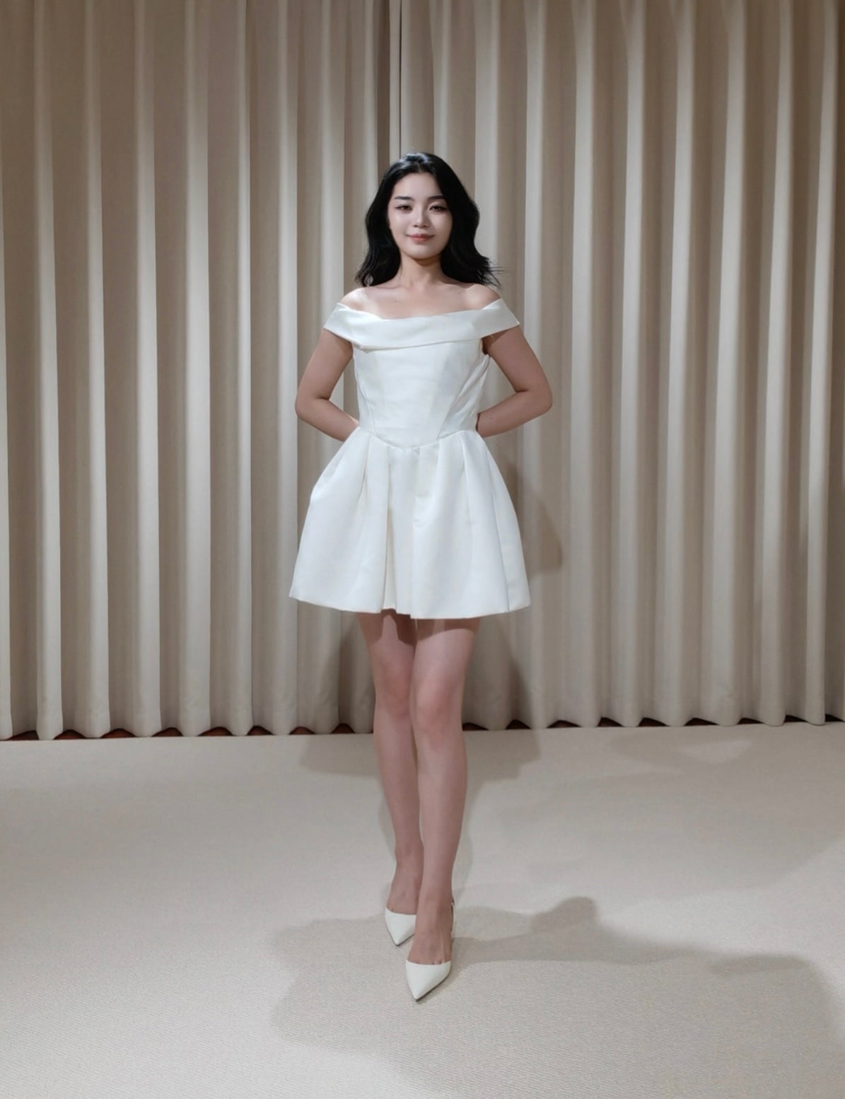 Zoe | Minimalist Off the Shoulder Basque Waist Satin Short Wedding Dress, Custom Simple Courthouse Civil Wedding Reception Elopement Dress