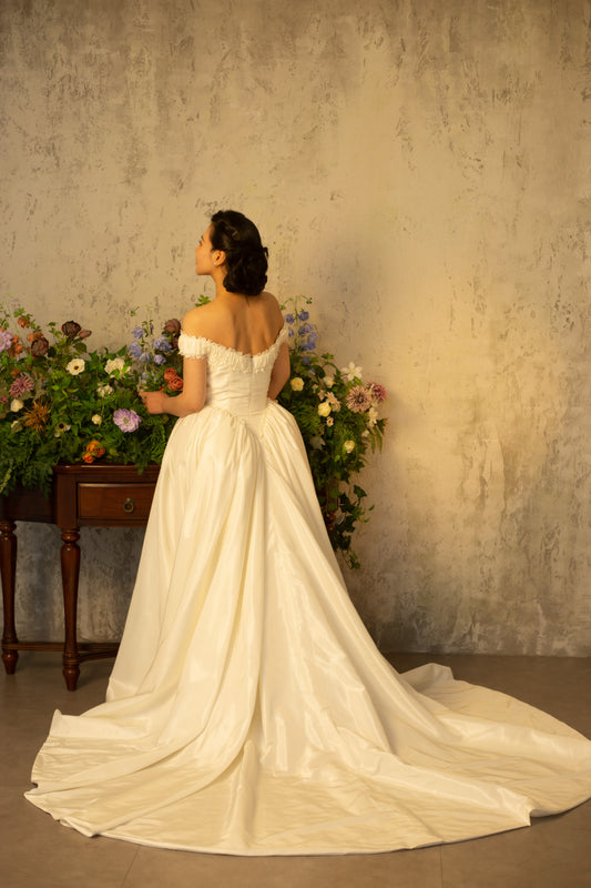 Florence | Off the Shoulder Taffeta Ball Gown Wedding Dress with Detachable Sleeves