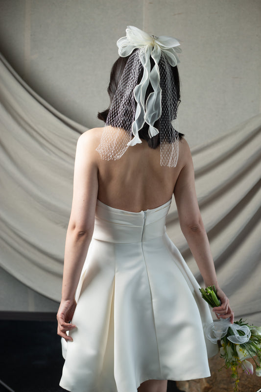 Evelyn | Strapless Satin Short Wedding Dress with 3D Handmade Flower