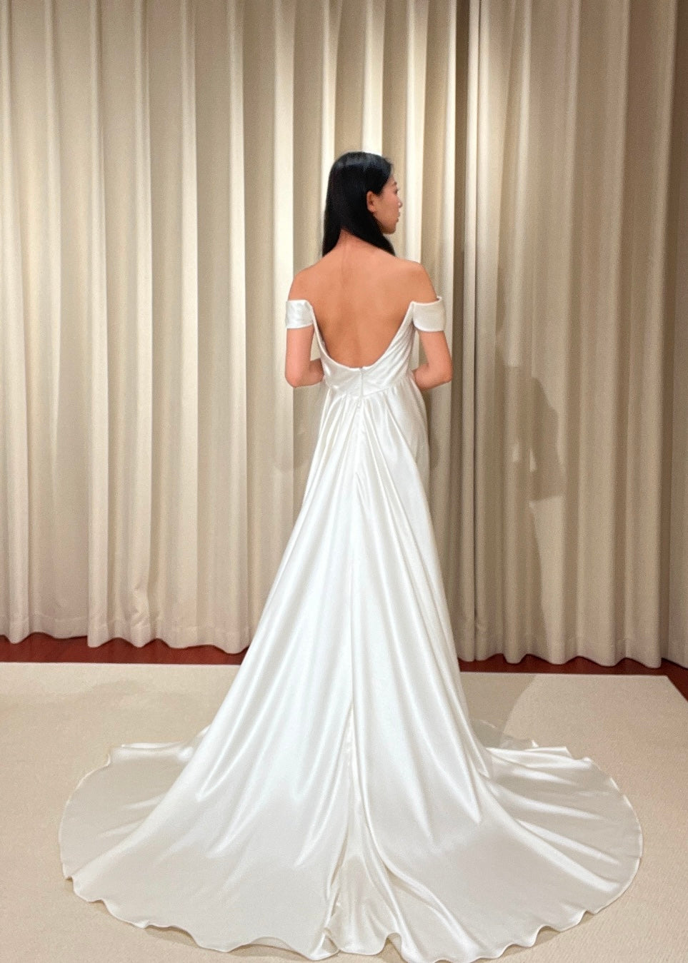 Minimalist Off Shoulder Satin Corset Wedding Bridal Dress, Custom Simple Modest Courthouse Civil Wedding Reception Elopement Gown