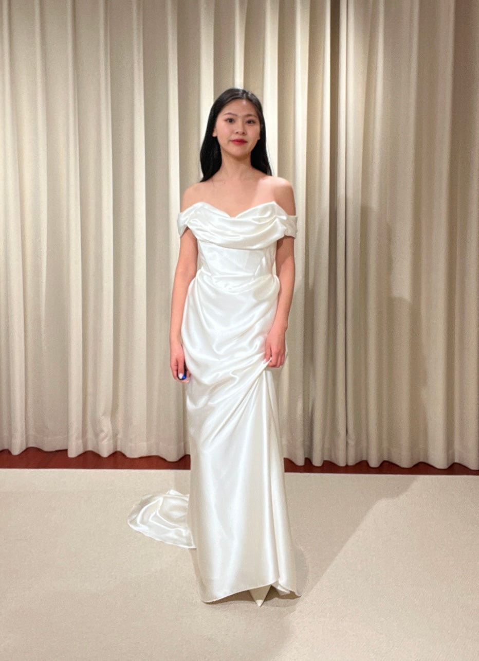 Minimalist Off Shoulder Satin Corset Wedding Bridal Dress, Custom Simple Modest Courthouse Civil Wedding Reception Elopement Gown