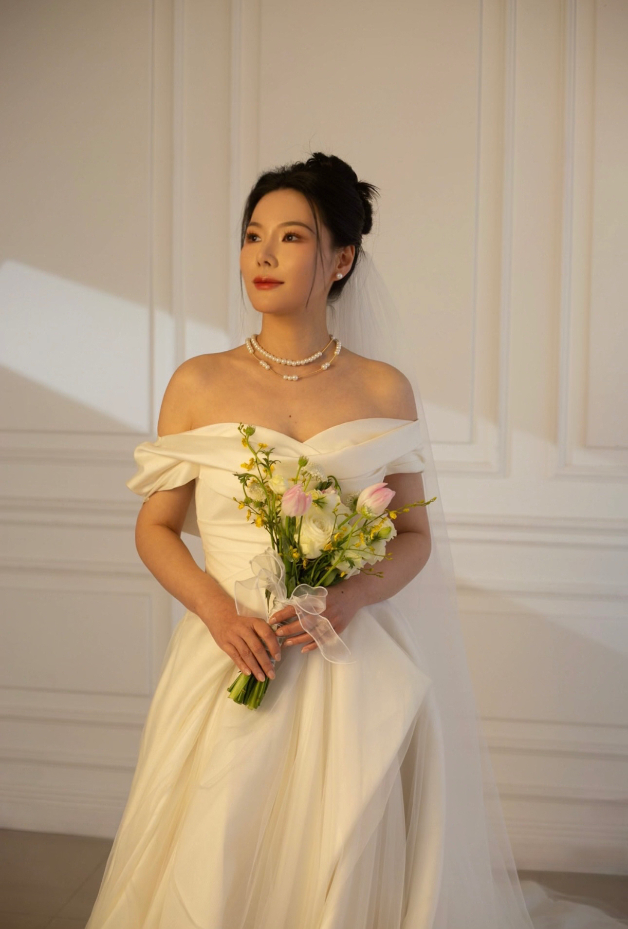 Anastasia | Off-the-shoulder satin corset drop waist wedding dress, unique minimalist A-line bridal dress, custom simple & classic Ivory ball gown