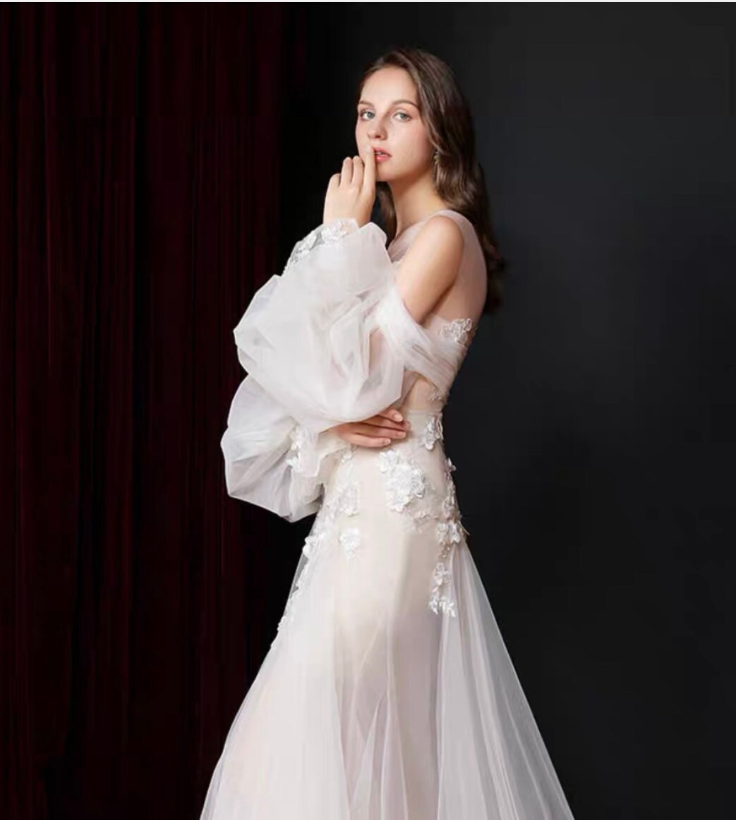 Off the Shoulder Long Sleeves White Fairy Mermaid Wedding Dress Floral Boho Lolita Princess Bridal Prom Party Gown, Custom Size / Color