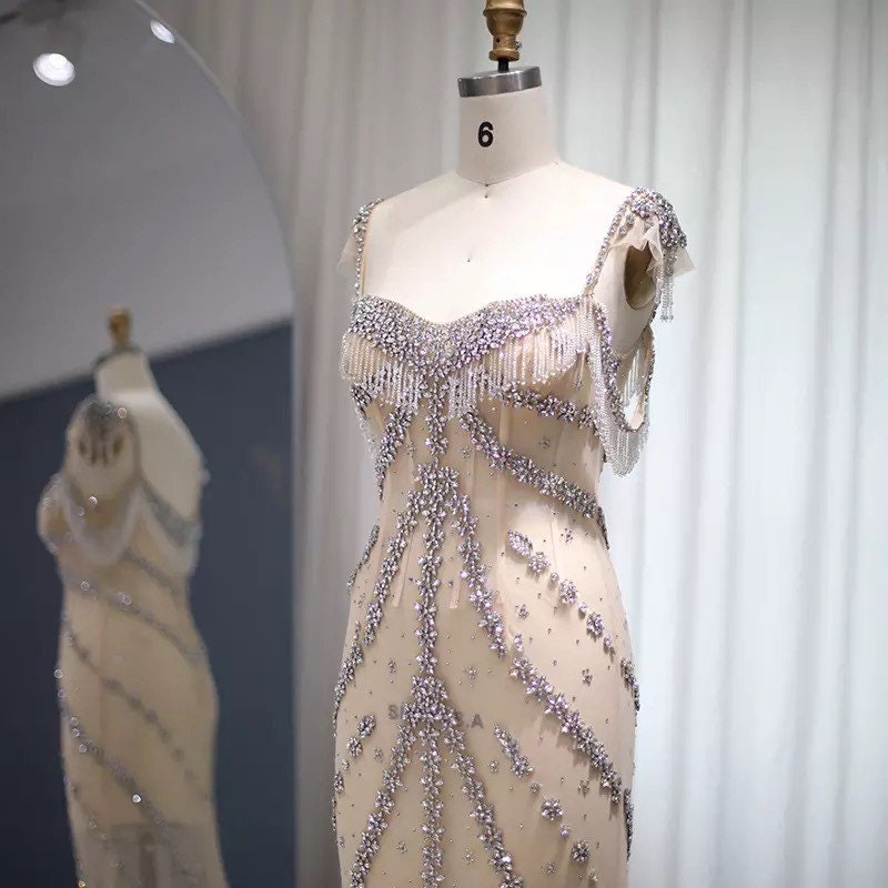 Kendall Jenner Celebrity Mermaid Dress, Luxury Crystal Tulle Evening Dress for Wedding, Boho Lolita Princess Prom Party Bridal Gown.
