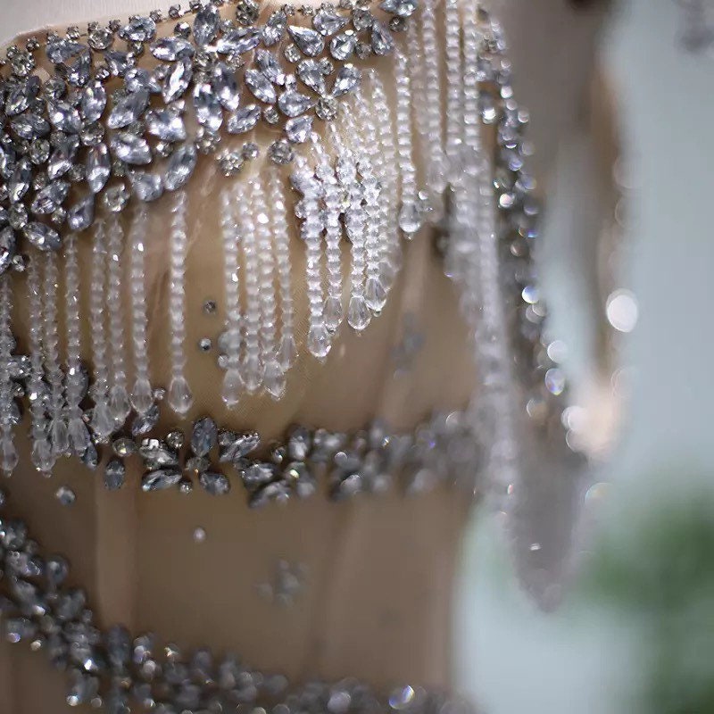 Kendall Jenner Celebrity Mermaid Dress, Luxury Crystal Tulle Evening Dress for Wedding, Boho Lolita Princess Prom Party Bridal Gown.