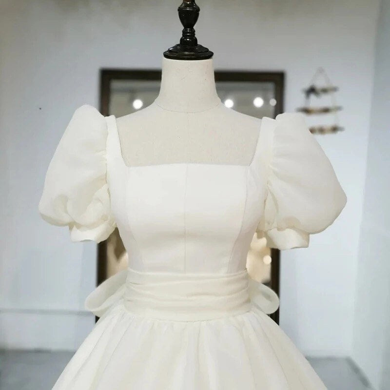 Puff Short Sleeves Wedding Bridal Dress with Detachable Bow, After Party Gown, Simple, Modern & Elegant French Style, Customizable