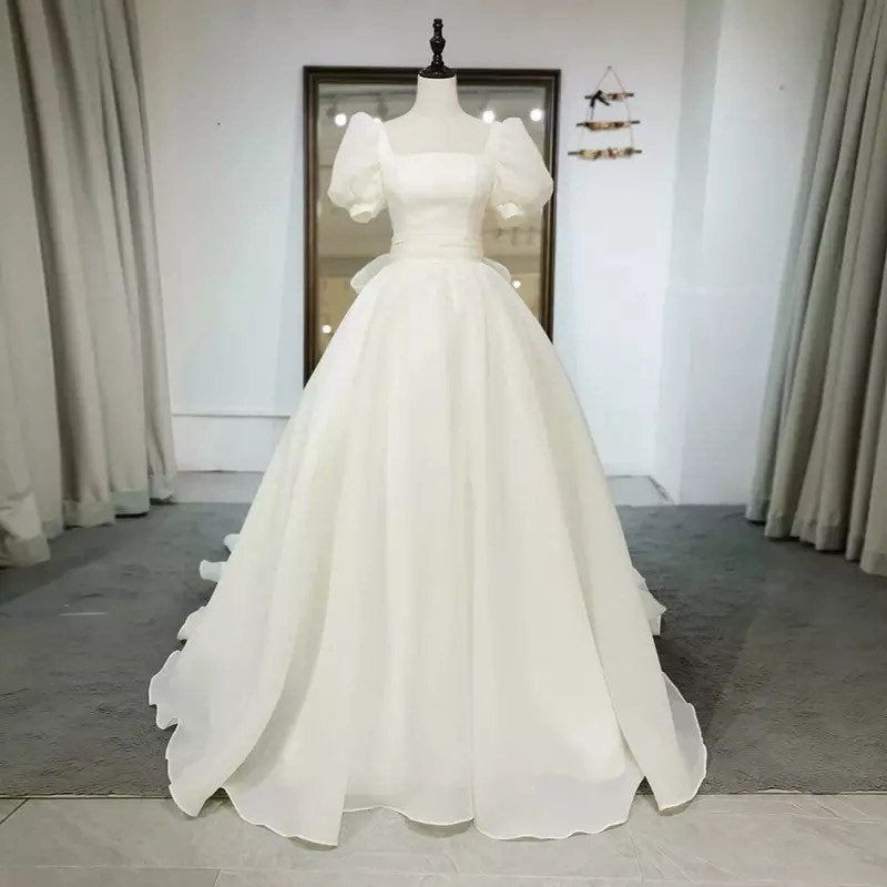 Puff Short Sleeves Wedding Bridal Dress with Detachable Bow, After Party Gown, Simple, Modern & Elegant French Style, Customizable