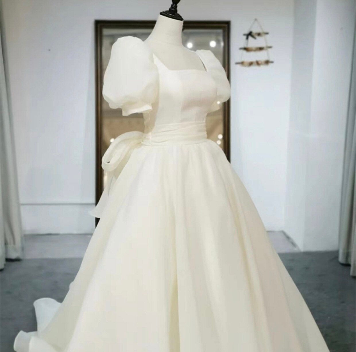 Puff Short Sleeves Wedding Bridal Dress with Detachable Bow, After Party Gown, Simple, Modern & Elegant French Style, Customizable