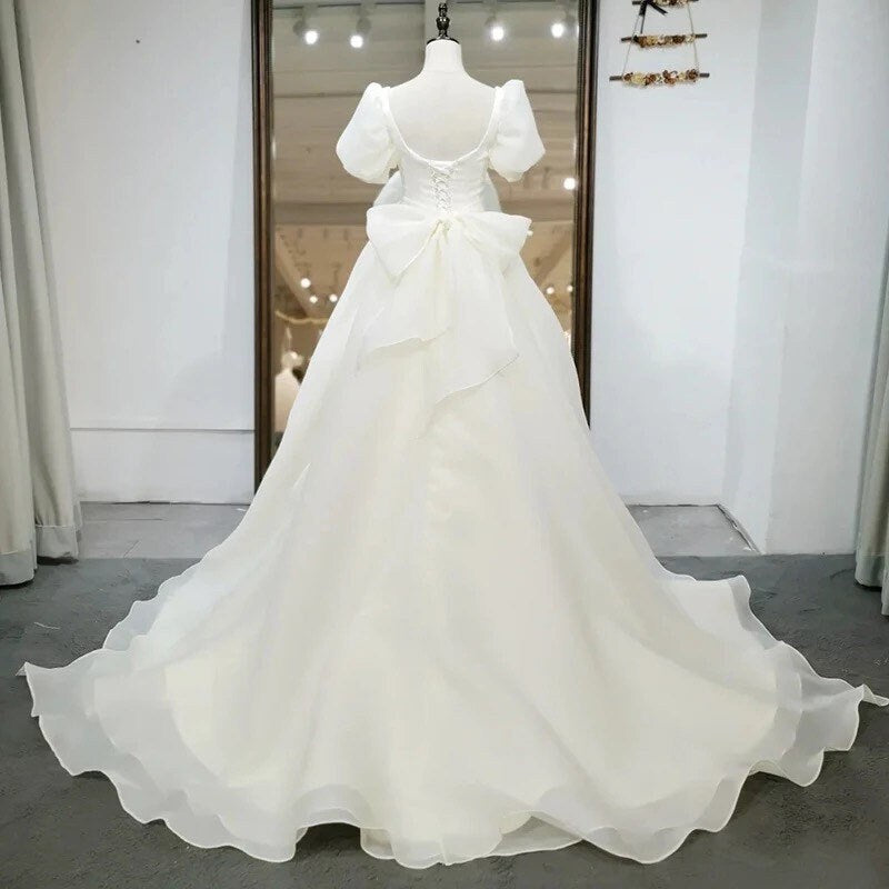 Puff Short Sleeves Wedding Bridal Dress with Detachable Bow, After Party Gown, Simple, Modern & Elegant French Style, Customizable