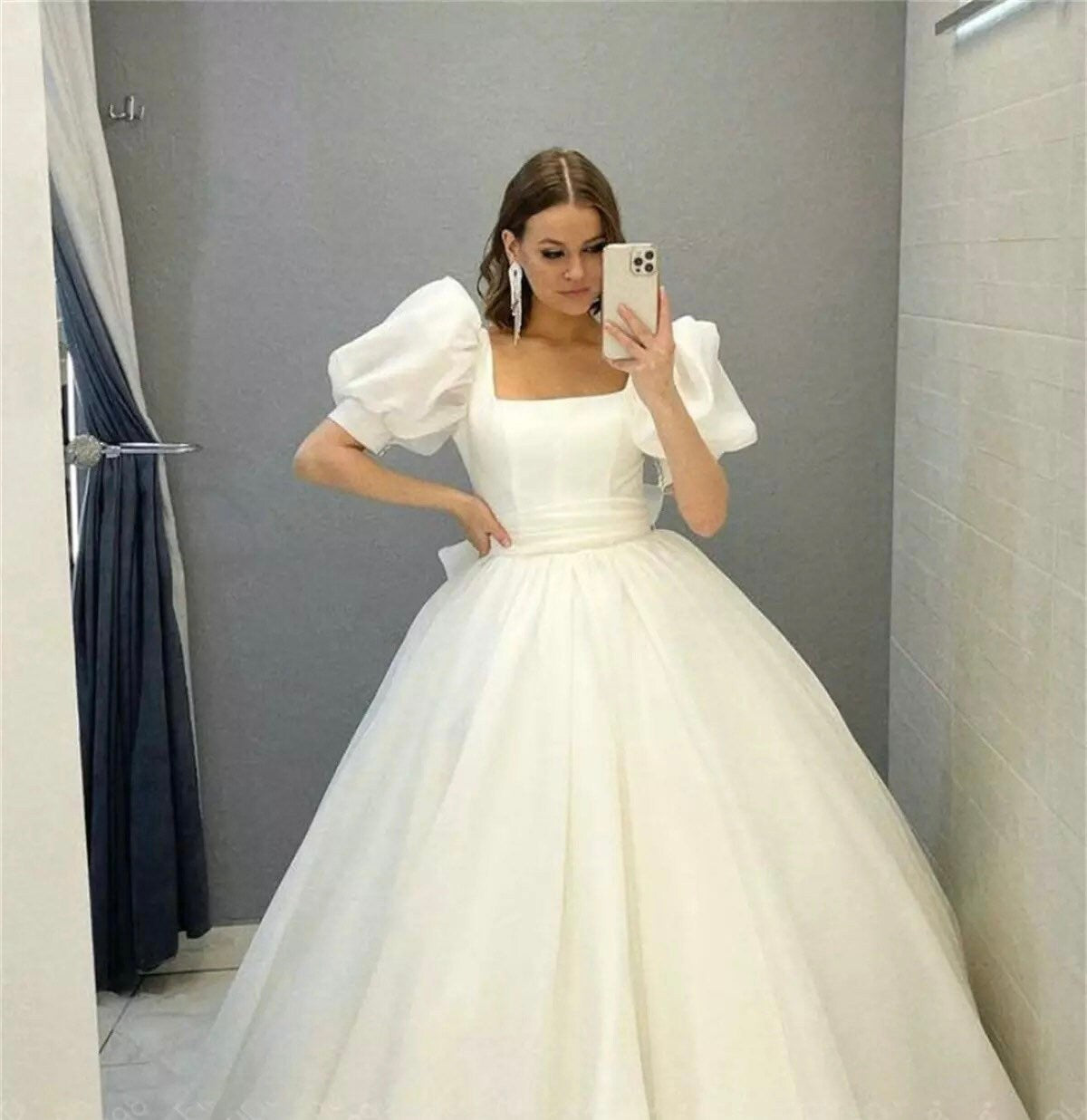 Puff Short Sleeves Wedding Bridal Dress with Detachable Bow, After Party Gown, Simple, Modern & Elegant French Style, Customizable