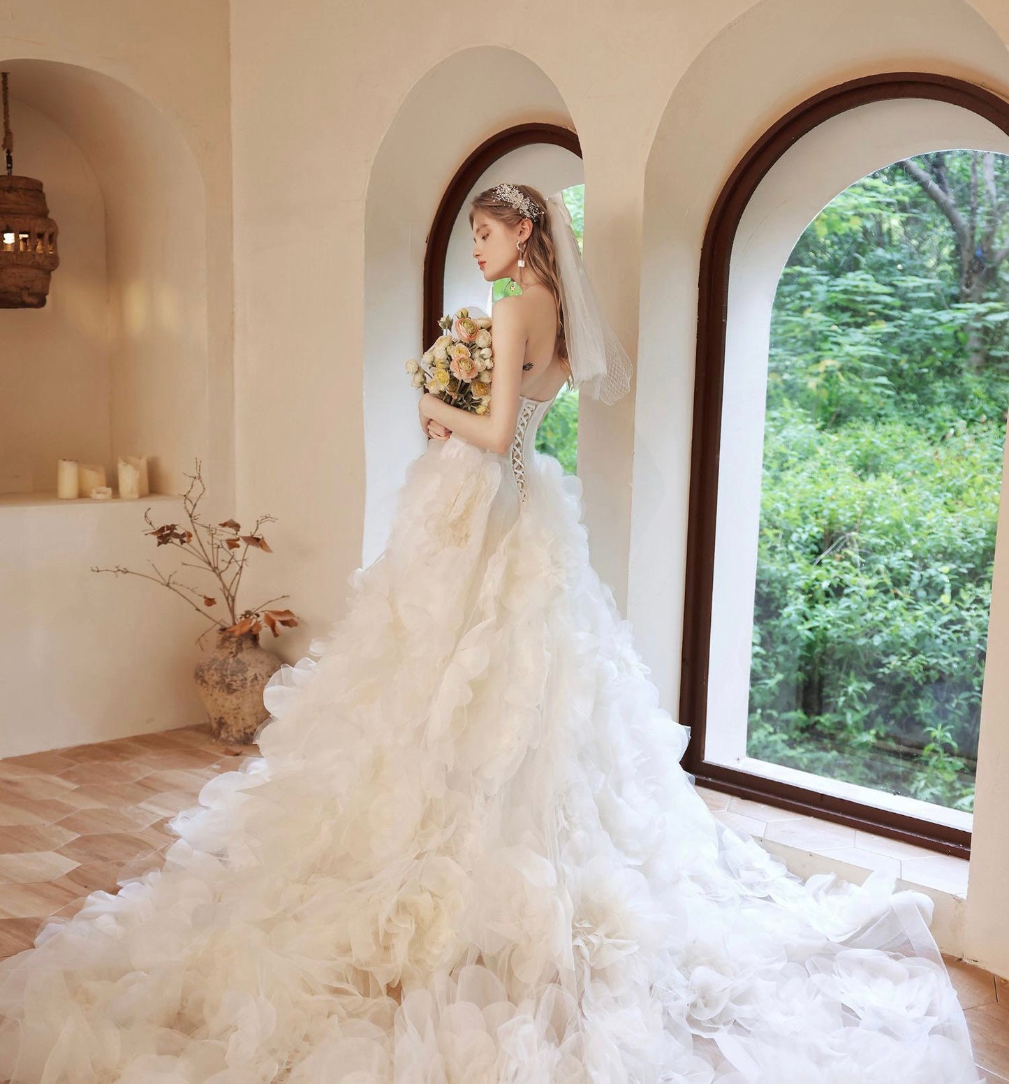 Ivory Tulle Fairytale A-line Floral Wedding Bridal Dress Custom Elegant Prom Party Gown Boho Princess Lolita Classic Romantic.
