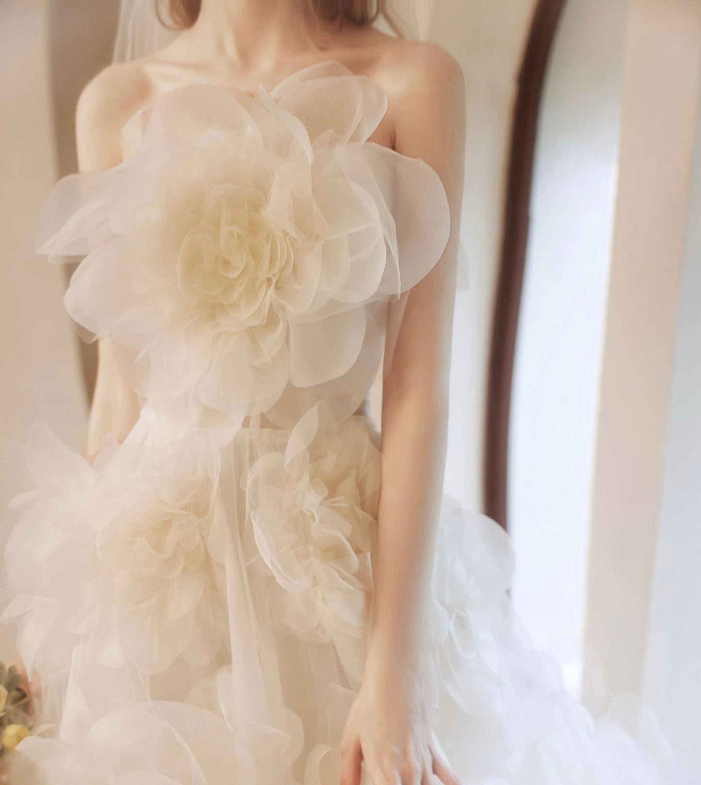 Ivory Tulle Fairytale A-line Floral Wedding Bridal Dress Custom Elegant Prom Party Gown Boho Princess Lolita Classic Romantic.