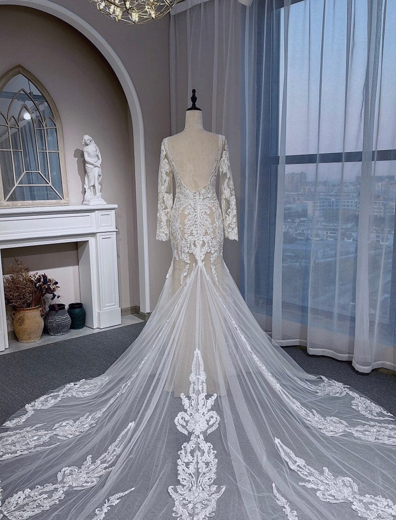 Custom Long Sleeve Ivory Lace Mermaid Wedding Bridal Dress, Elegant Romantic Prom Party Gown Fairy Boho Princess Style.