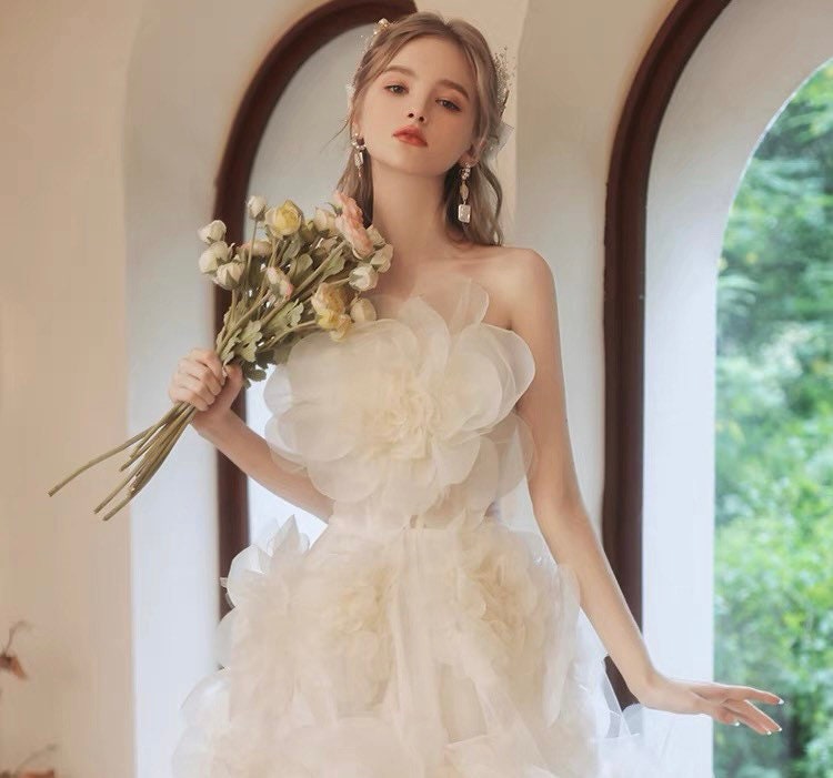 Ivory Tulle Fairytale A-line Floral Wedding Bridal Dress Custom Elegant Prom Party Gown Boho Princess Lolita Classic Romantic.