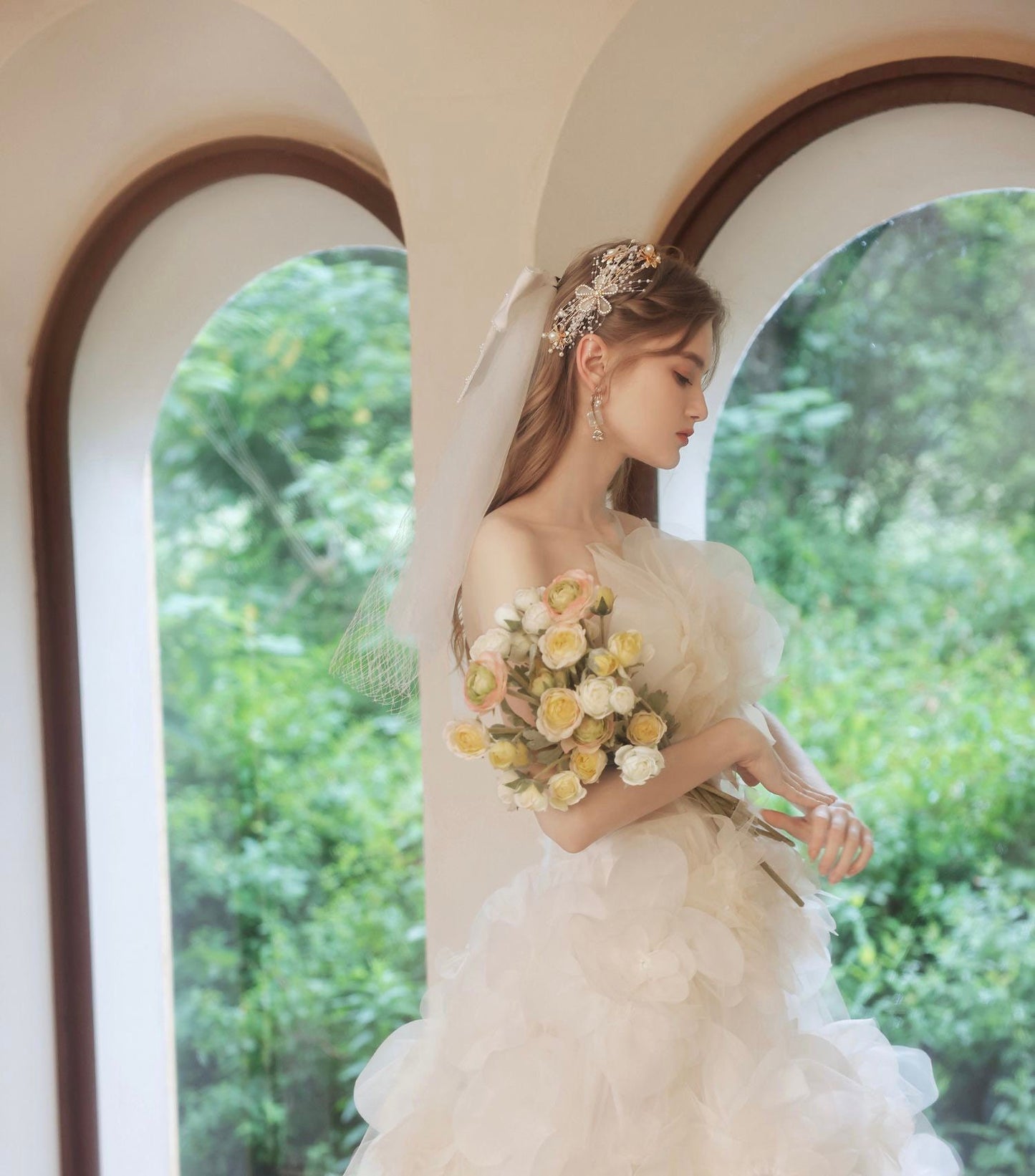 Ivory Tulle Fairytale A-line Floral Wedding Bridal Dress Custom Elegant Prom Party Gown Boho Princess Lolita Classic Romantic.