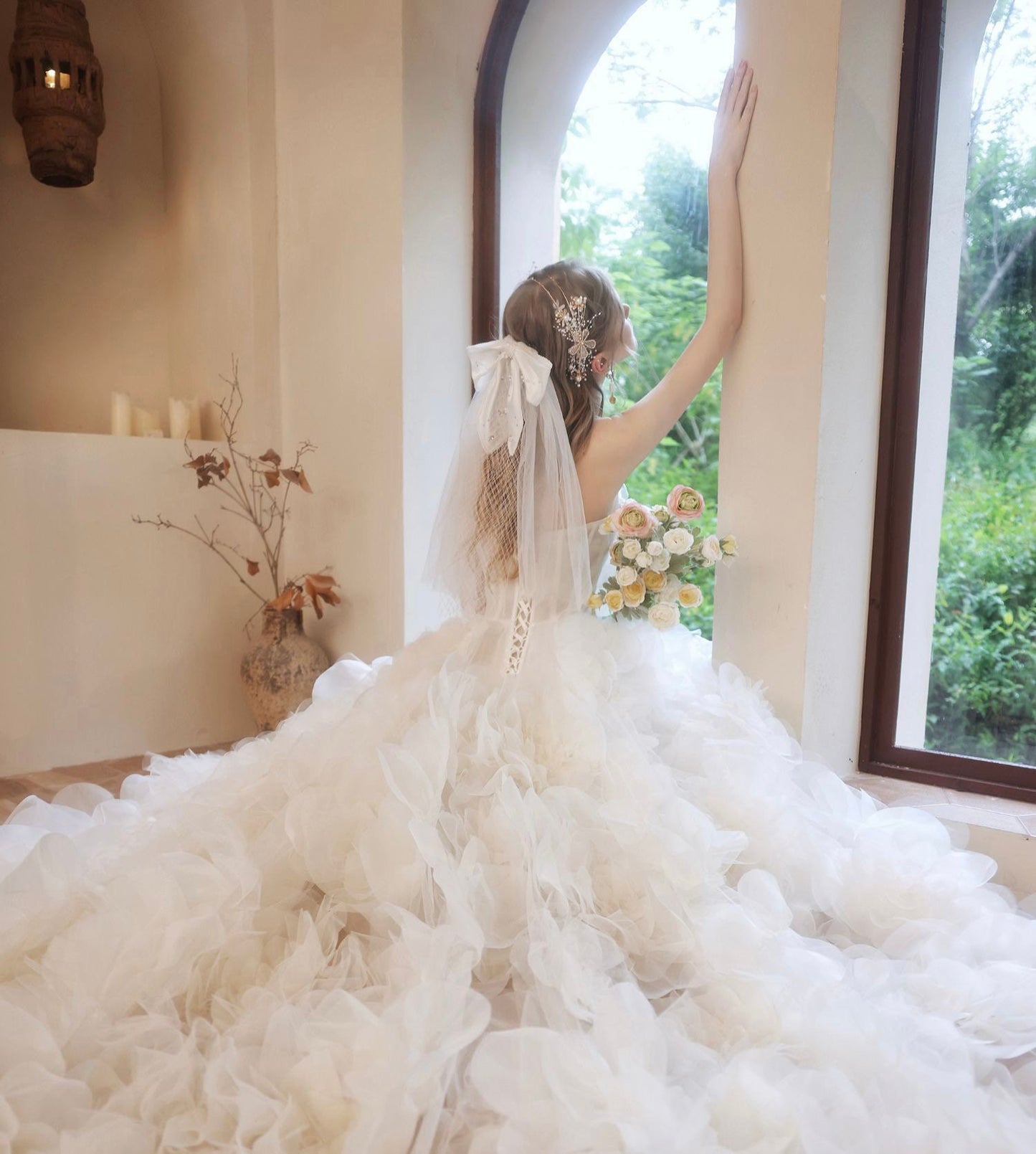 Ivory Tulle Fairytale A-line Floral Wedding Bridal Dress Custom Elegant Prom Party Gown Boho Princess Lolita Classic Romantic.