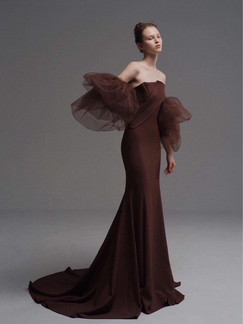Custom off the shoulder Satin Mermaid Wedding Bridal Dress, Elegant Prom Party Gown with detachable Long sleeves Boho Princess Classic
