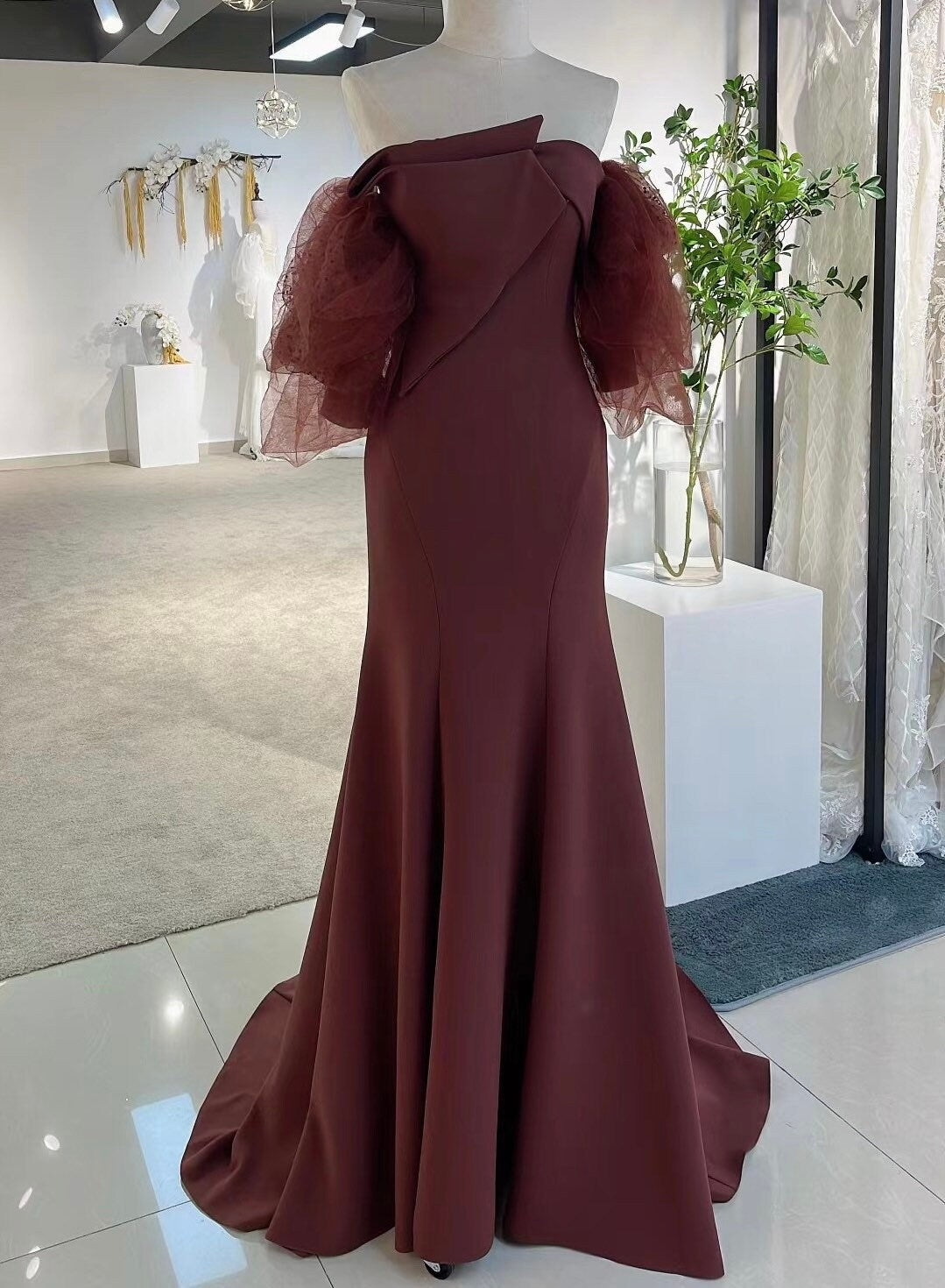 Custom off the shoulder Satin Mermaid Wedding Bridal Dress, Elegant Prom Party Gown with detachable Long sleeves Boho Princess Classic